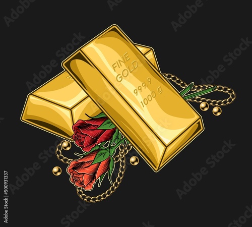 Isolated stack of bars of fine gold, roses, gold chains. beads. Treasures, luxury, rich concept. Vintage vector illustration.