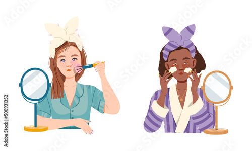 Beauty daily routine. Girls taking care of their faces using facial beauty products and applying makeup cartoon vector illustration