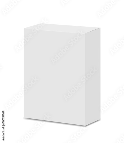 Vertical white box Mockup. Vector realistic closed package. Blank template 3d vector illustration. Ready for your design. EPS10.