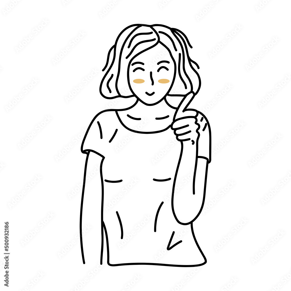 Cheerful young girl with a bob smiles and points her finger forward. Black and white vector isolated illustration hand drawn. Friendly happy woman in a good mood Cheerful young girl with a bob smiles and points her finger forward. Black and white vector isolated illustration hand drawn. Friendly happy woman in a good mood