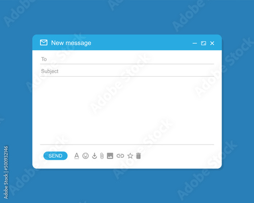 Email interface. Mail window template, internet message isolated frame, blank email UI design in blue. Vector EPS 10