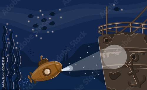 Submarine sea concept. A submarine and a sunken ship underwater. Seabed with fish and seaweed. Dark sea landscape. Vector illustration.