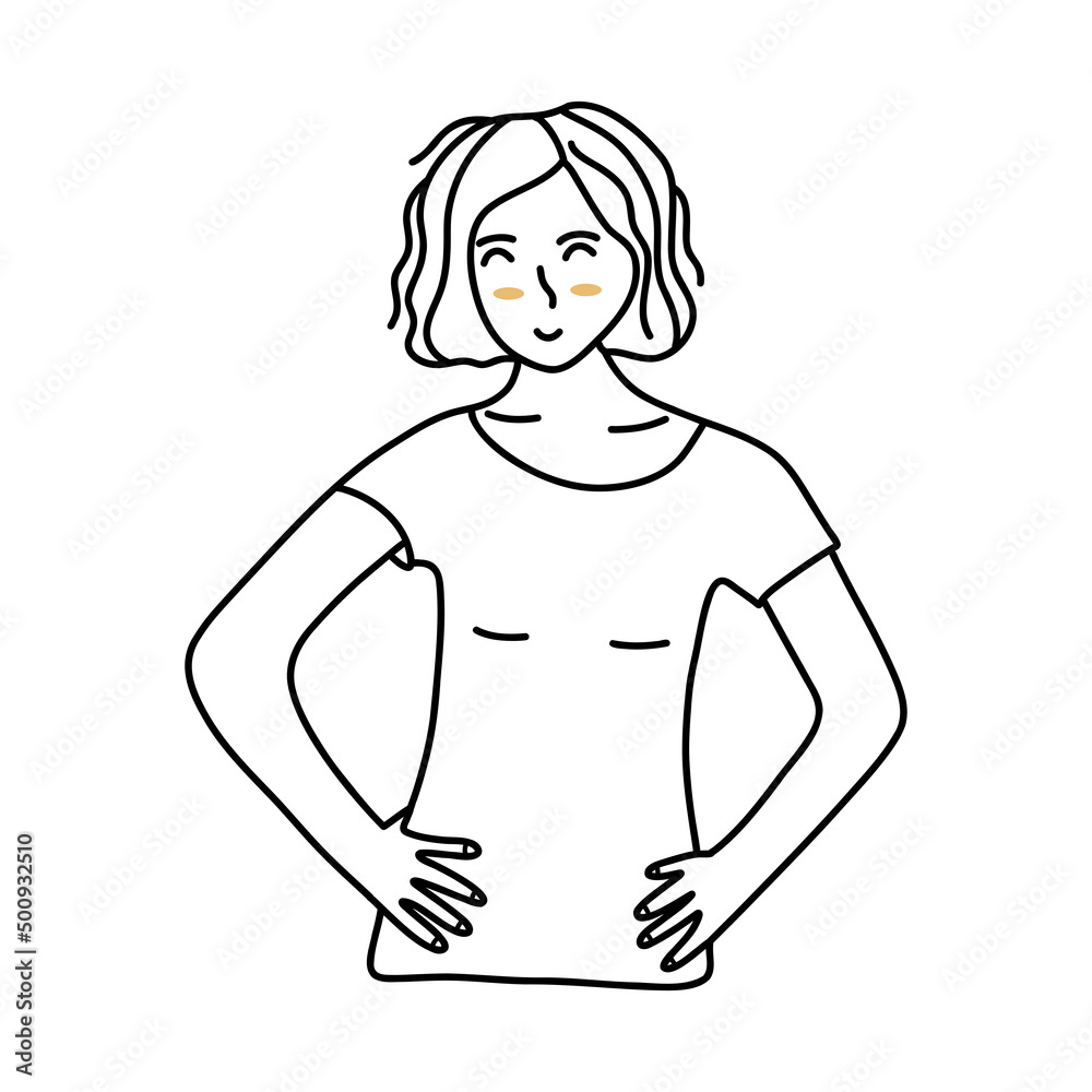 Young pretty girl with a bob haircut smiles sweetly, putting her hands on waist at her sides. Black and white vector isolated illustration hand drawn Young pretty girl with a bob haircut smiles sweetly, putting her hands on waist at her sides. Black and white vector isolated illustration hand drawn