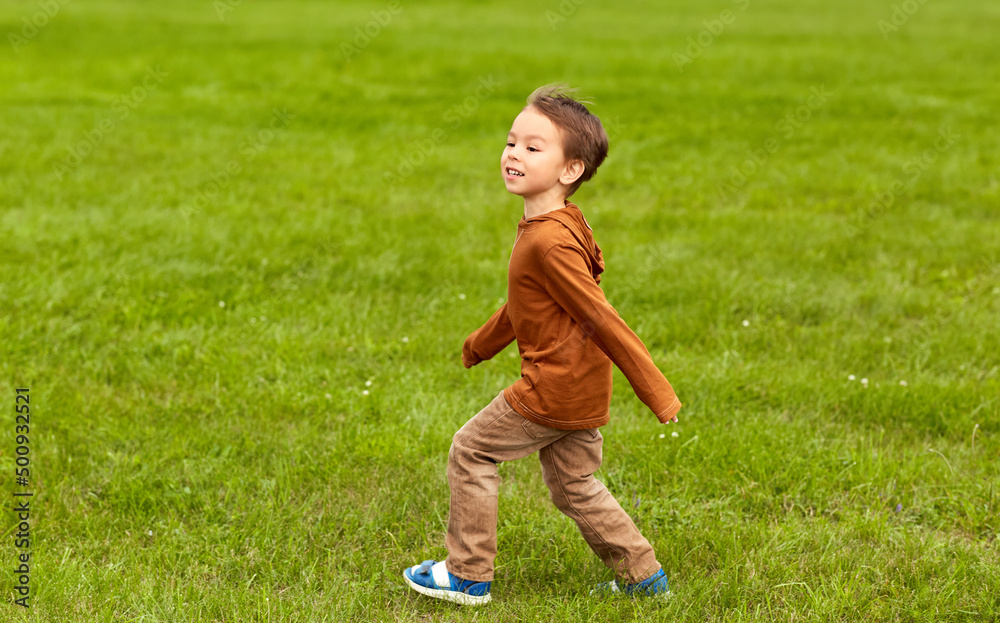 childhood, leisure and people concept - happy little boy running on green field at park childhood, leisure and people concept - happy little boy running on green field at park