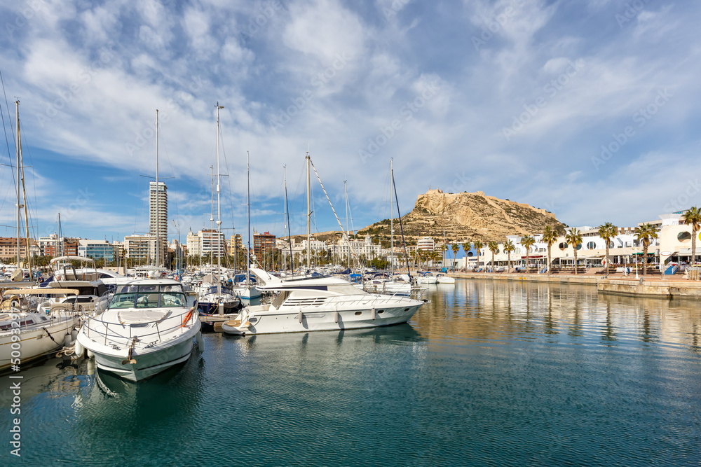 Alicante Port d'Alacant marina with boats and view of castle Castillo travel traveling holidays vacation in Spain