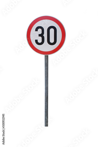 Round red roadsign showing 30 isolated on white background photo
