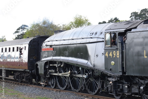 Sir Nigel Gresley traveling though Devil's Spittleful nature reserve during the Severn valley railway spring steam gala