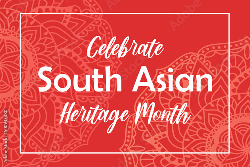 South Asian Heritage month celebration. Vector banner with abstract mandala symbol ornament on red background. Greeting card, banner design.