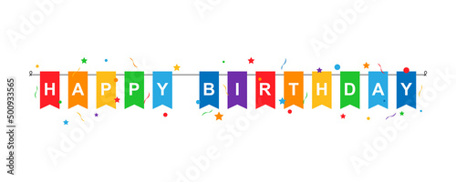 Happy birthday inscription on multi-colored flags hanging on a string with confetti with stars and ribbons isolated on white background. Vector EPS 10