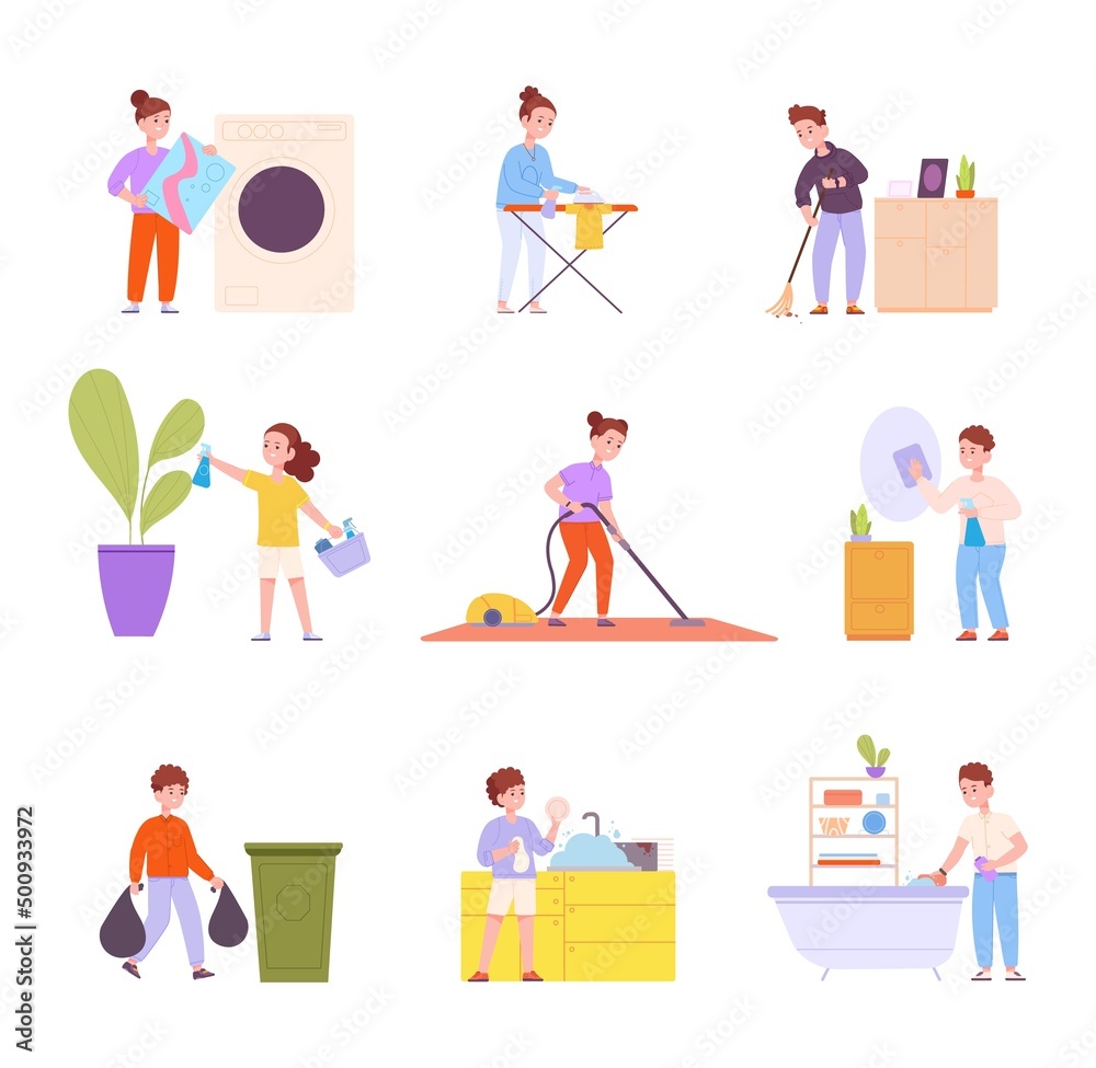 Fototapeta premium Kid help housework. Children boys doing house job home responsibility, dusting help ironing household activity chore, clean room laundry dish