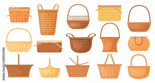 Cartoon handmade baskets. Wicker rattan picnic basket, bamboo weave empty bag for lunch or gift easter, straw hamper, rural wooden handle basketry, cartoon neat vector illustration