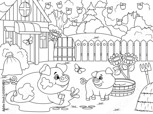 Agricultural yard. Pig and piglet. Children coloring book.