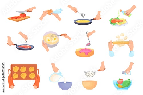 Cartoon hands prepare food. Hand cook, spatula for cooking process, sprinkle chopping salt in salad bowl cut knife, ladle jam prepare dough baking accessories, vector illustration