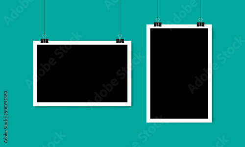 Blank horizontal and vertical photo frame hanging on a clip. Vector illustration EPS 10
