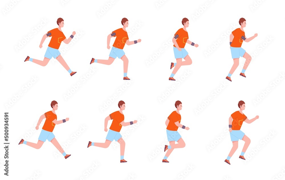 Running man sequence. Run character frame animation 2d runner profile, sprite sheet jogging motion cycle loop fitness exercise fast sport movement guy, splendid vector illustration