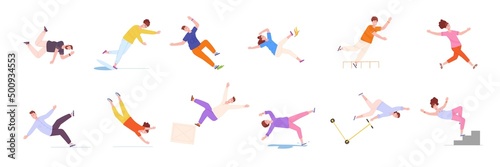 Stumbling people. Falls person, falling down characters stairs unbalanced ladder, caution risk dangerous injury tripping drop man slip slide falldown, splendid vector illustration