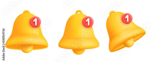 3d notification bell. Render notice or reminder icon for users attention, alert alarm new message social media subscribe symbol ring information phone mail tidy vector illustration