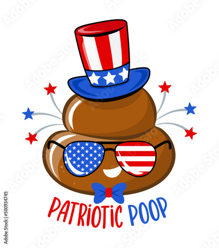 Partiotic Poop - Cute smiling happy poop with lincoln hat. Vector cartoon character in kawaii style. Cartoon poop, shit character. Happy 4th of July, happy Independence Day!