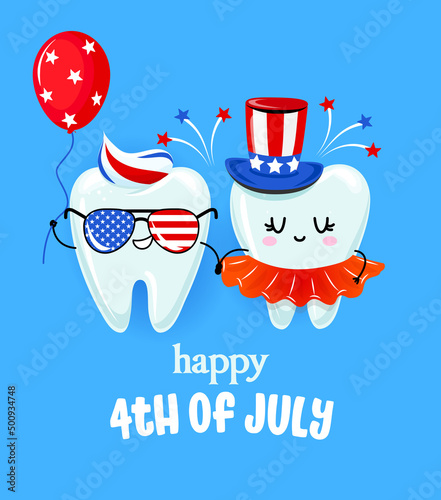 Happy 4th of July - Tooth couple character design in kawaii style. Hand drawn Toothfairy with funny quote. Good for school prevention posters, greeting cards, banners, textiles. Happy Independence Day