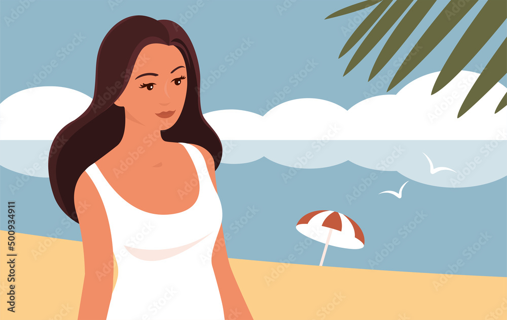 Beautiful young woman on a seascape background. White swimsuit. Blue sea and seagulls. Summer sea beach resort. Cartoon illustration