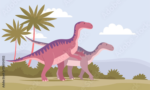 Ancient pangolin iguanodon. Herbivorous dinosaur of the Jurassic period. Vector cartoon illustration. Prehistoric nature background. Wild landscape © Mikhail Ognev