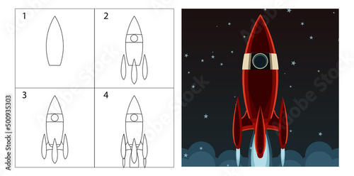lesson on how to draw a space rocket step by step. tutorial with pictures of stages. development of online art and image coloring. cosmic ship flying in space, children's coloring book, simple drawing