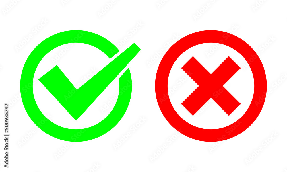 Tick and cross signs. Green checkmark OK and red X icons. Simple marks graphic design. symbols YES and NO button for vote, decision, web. EPS 10 Tick and cross signs. Green checkmark OK and red X icons. Simple marks graphic design. symbols YES and NO button for vote, decision, web. EPS 10