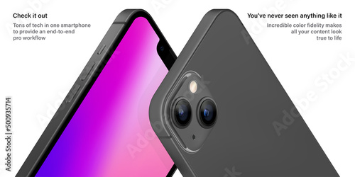smartphone frameless grey color with colorful screen saver front and backside view isolated on white background. mockup of realistic new mobile phone with shadow. vector 3d isometric illustration