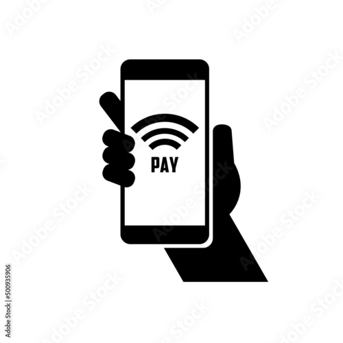 Contactless payment by phone using NFC. Hand holds the phone for payment by air icon symbol. Vector EPS 10
