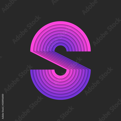 Letter S logo initial purple pink gradient, 3d parallel striped levels pattern with shadow, paper cut material design typography print.