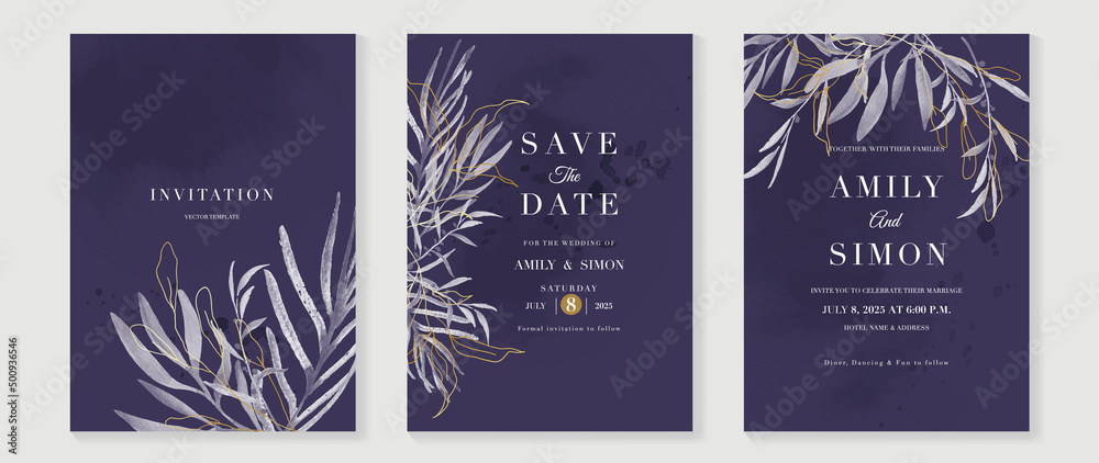 Luxury wedding invitation card background with golden line art leaves and leaf branches, purple watercolor texture. Abstract art background vector design for wedding, vip, cover template, poster.