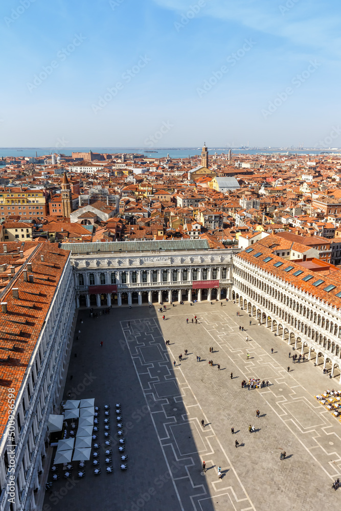 Venice Piazza San Marco Square from above overview travel traveling holidays vacation town portrait format in Italy