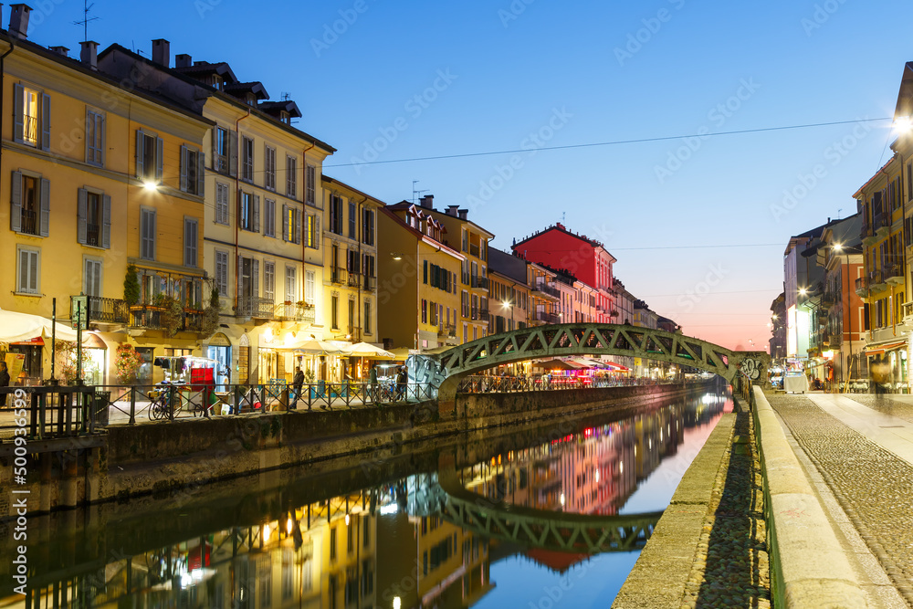 Milan Navigli Milano restaurant and bar district travel traveling holidays vacation town blue hour in Italy
