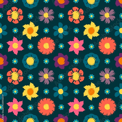 Seamless pattern with flowers from brush strokes.
