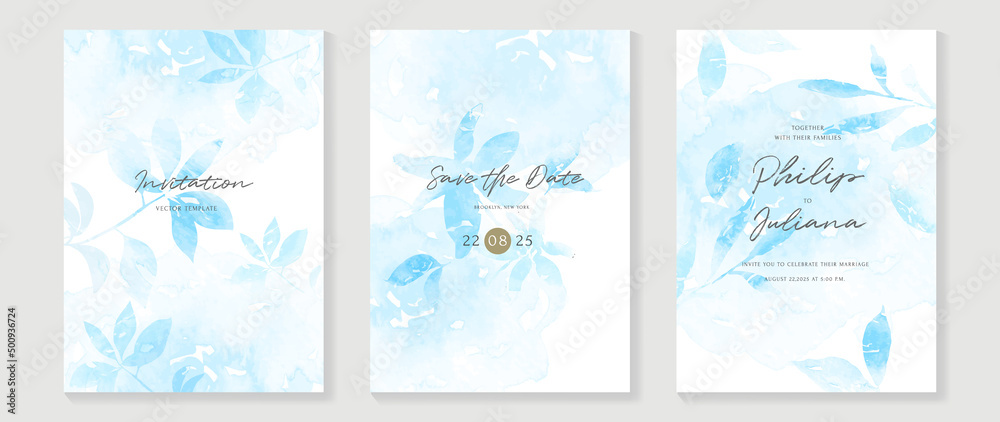 Abstract botanical wedding invitation card template. Light blue watercolor card background with leaf branches, tropical plants, foliage. Elegant vector design suitable for banner, cover, invitation.