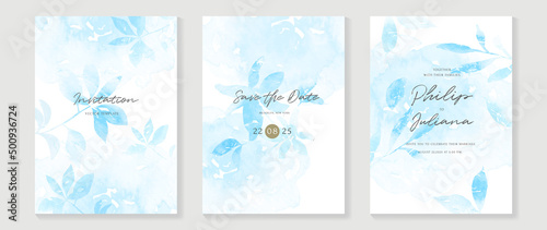 Abstract botanical wedding invitation card template. Light blue watercolor card background with leaf branches, tropical plants, foliage. Elegant vector design suitable for banner, cover, invitation.