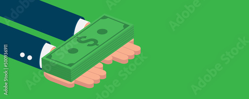 Hands hold money. Businessman offers money. Money on credit. Money loans. Vector illustration. EPS 10