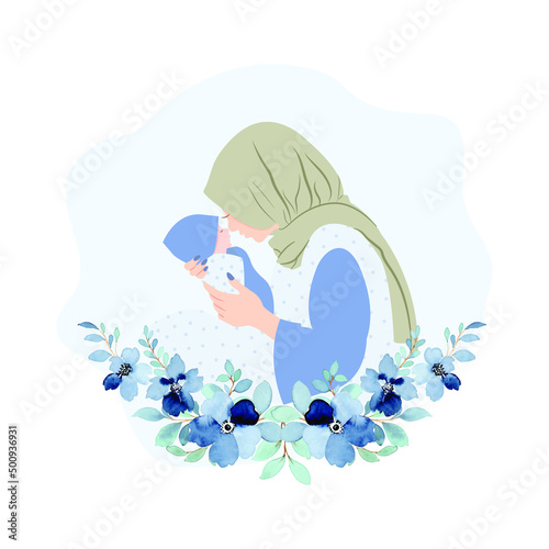 Blue hand drew Muslim mom with a baby with floral  flat illustration for mother's day special