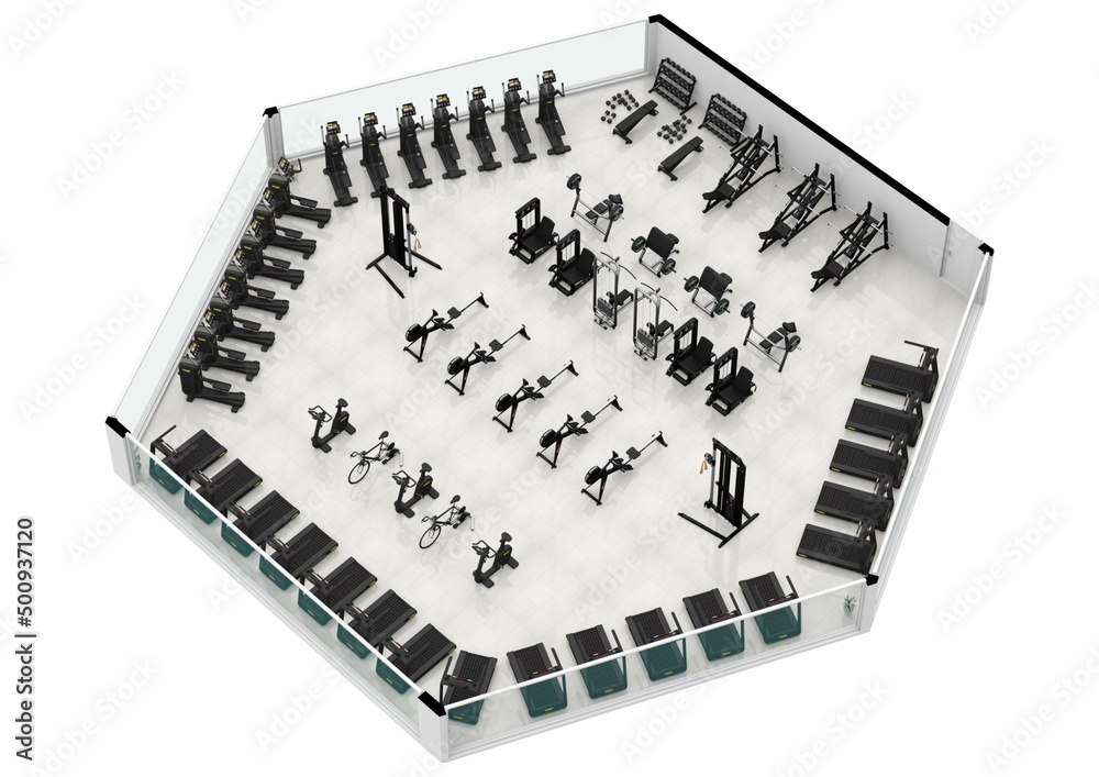 3d interior rendering plan view of furnished gym. Floor plan. 3d interior rendering. 3d interior rendering plan view of furnished gym. Floor plan. 3d interior rendering.