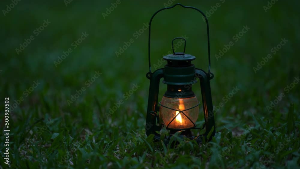 Vintage oil lamp In the forest at night, camping concept.