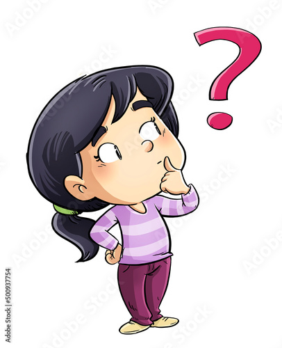 Little girl illustration with expression thinking and questioning symbol