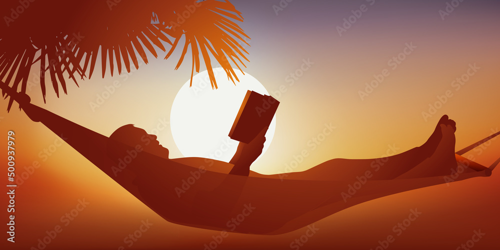 Vecteur Stock Concept des vacances et de la détente, avec un homme qui lit  tranquillement un livre, allongé dans un hamac au soleil couchant. | Adobe  Stock