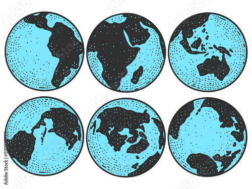 Planet Earth from different angles color. Globe sketch scratch board imitation.