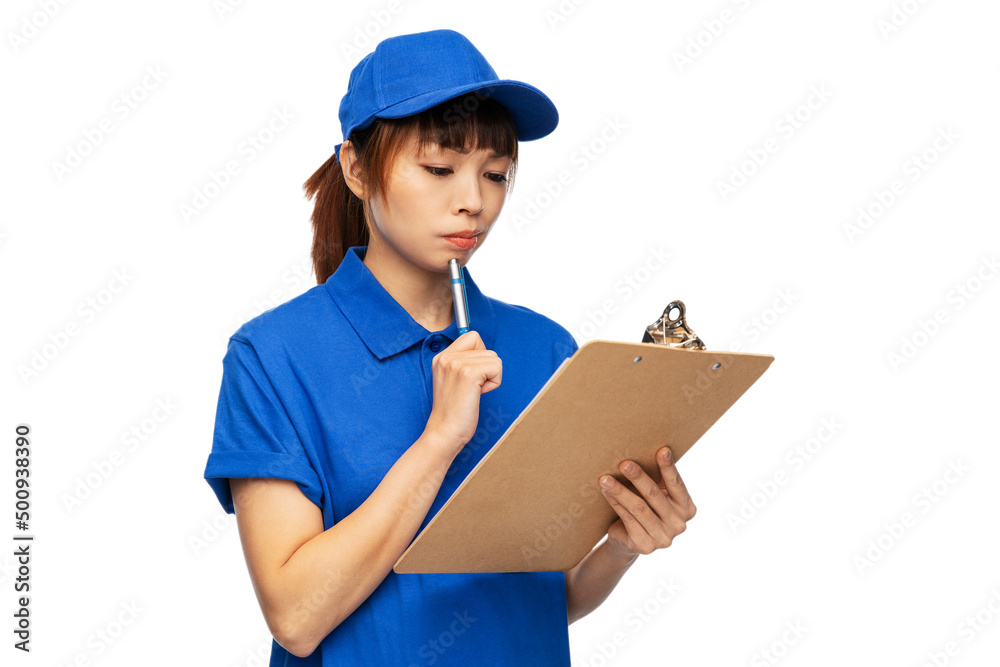 profession, job and people concept - delivery woman in blue uniform with clipboard and pen over white background profession, job and people concept - delivery woman in blue uniform with clipboard and pen over white background