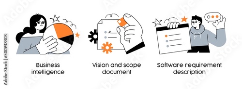 Phases of the Successful Startup Lifecycle:- set of business concept illustrations. Business intelligence, vision document, software requirement description. Visual stories collection