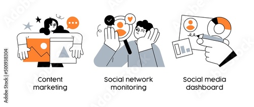 Online media promotion strategies - set of business concept illustrations. Content marketing, Social network monitoring, Social media dashboard. Visual stories collection.