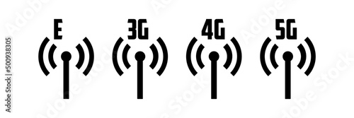 Network coverage level symbol 2. Network level on mobile devices. Network 2G (E), 3G, 4G, 5G icon isolated on white background. Vector EPS 10