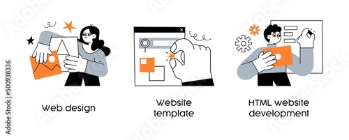 Website design and development- set of business concept illustrations. Web design, Website template, HTML website development. Visual stories collection
