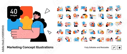 Digital Marketing illustrations. Mega set. Collection of scenes with men and women taking part in business activities. Trendy vector style
