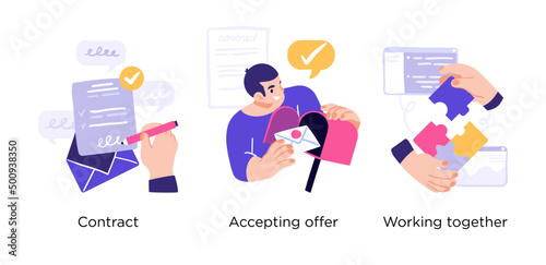 Recruitment process and hiring new employees - set of business concept illustrations. Contract, Acceptiong offer, Working together. Visual stories collection.